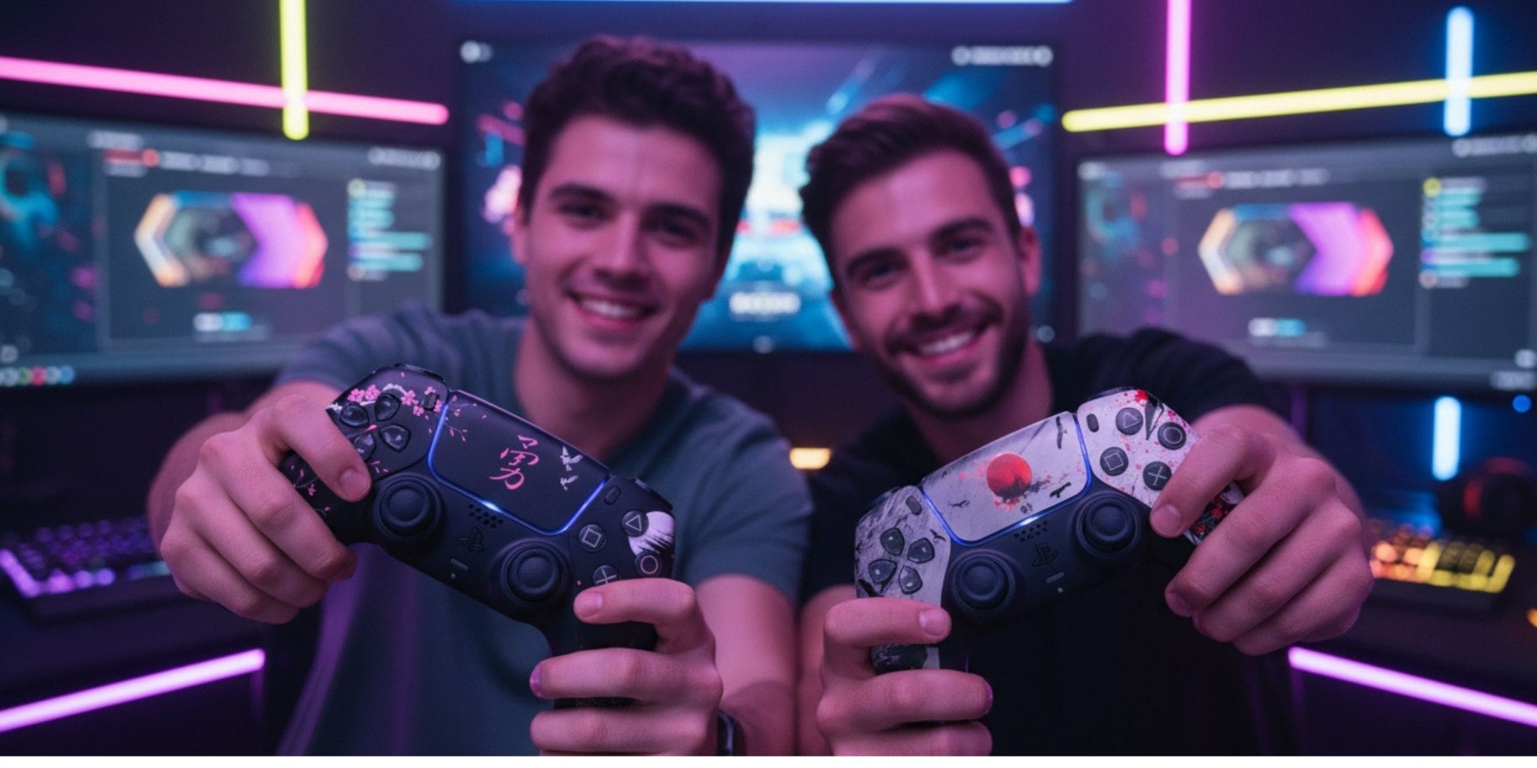 zwei Männer mit Custom Controller spielen in einem Gaming Zimmer