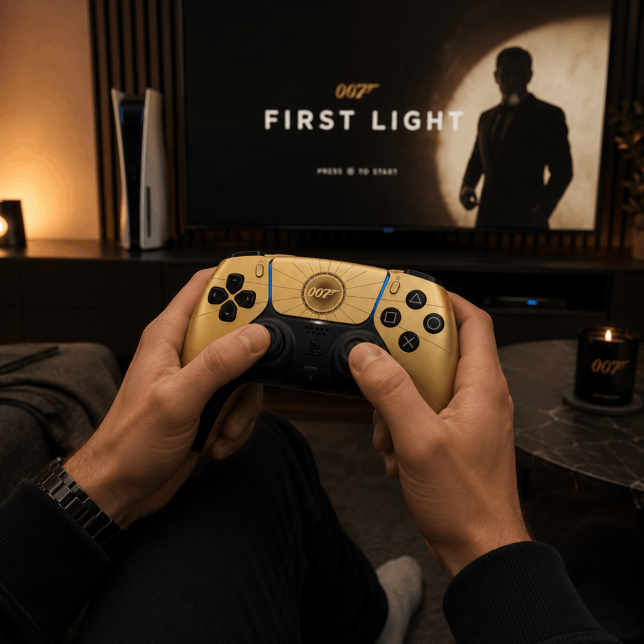 Mann spielt mit einem James Bond 007 PS5 Dualsense Limited Controller