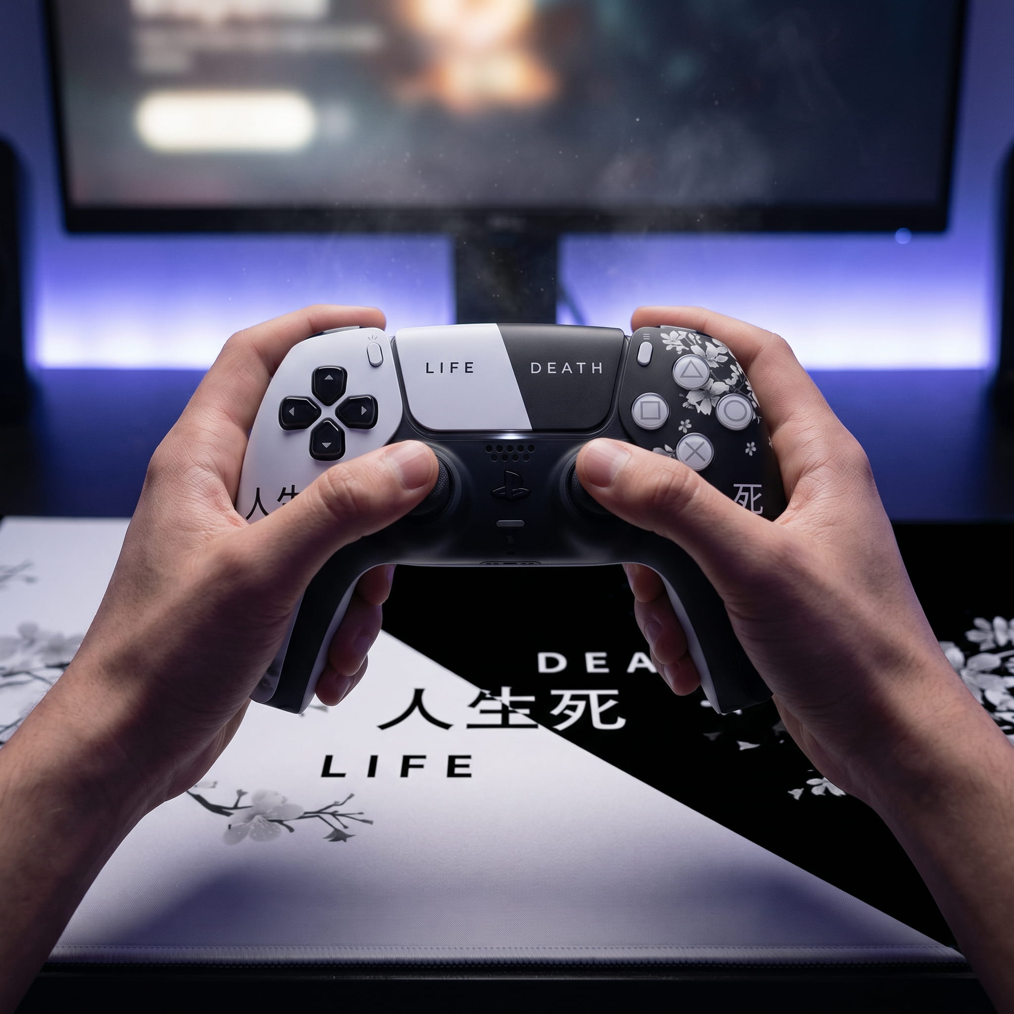 PS5 DualSense Custom Controller Lux Shinigami Blossom im Gaming Setup aus POV Perspektive mit großem Mousepad