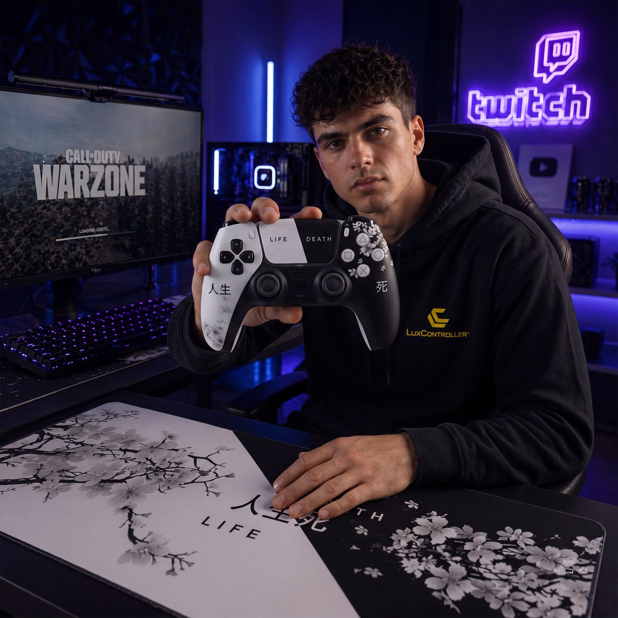 Custom PS5 DualSense Controller Lux Shinigami Blossom mit einem Pro Gamer im Stream in seinem Gaming Setup seitliche Perspektive  Mousepad und LED Beleuchtung